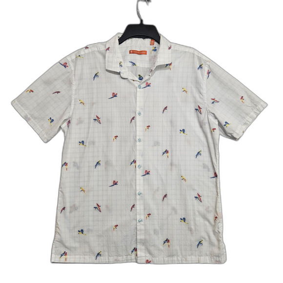 Tori Richard Bird Print Cotton Button Up Men's Sz Large White Embroidered McCaws - Picture 1 of 13